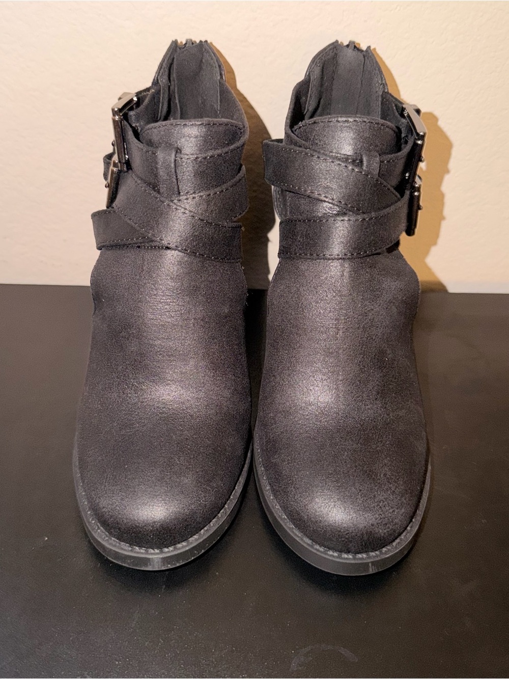 Soda Black Buckle Strap Ankle Booties